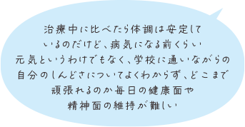 治療中に比べたら体調は安定しているのだけど、病気になる前くらい元気というわけでもなく、学校に通いながらの自分のしんどさについてよくわからず、どこまで頑張れるのか毎日の健康面や精神面の維持が難しい