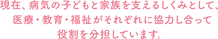 現在、病気の子どもと家族を支えるしくみとして、医療・教育・福祉がそれぞれに協力し合って役割を分担しています。