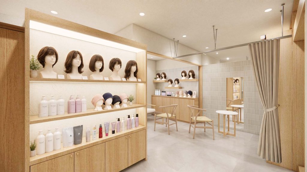 医療用ウィッグやケア用品を展示するアピアランスケアサロンRashikuの内観イメージ